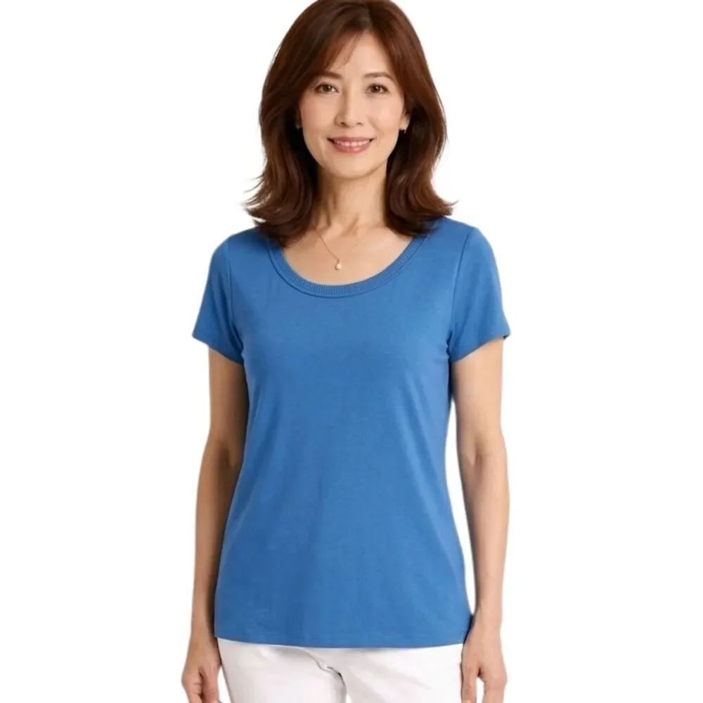 Talbots Blue Scoop Neck Crochet Detail Short Sleeve T-shirt Size XL